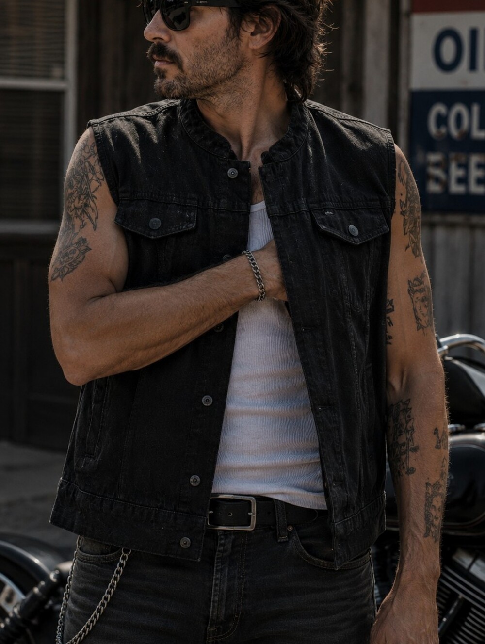Rough-Neck Black Motorcycle Vest L Concealed Carry Thick Denim Multiple Zip Snap